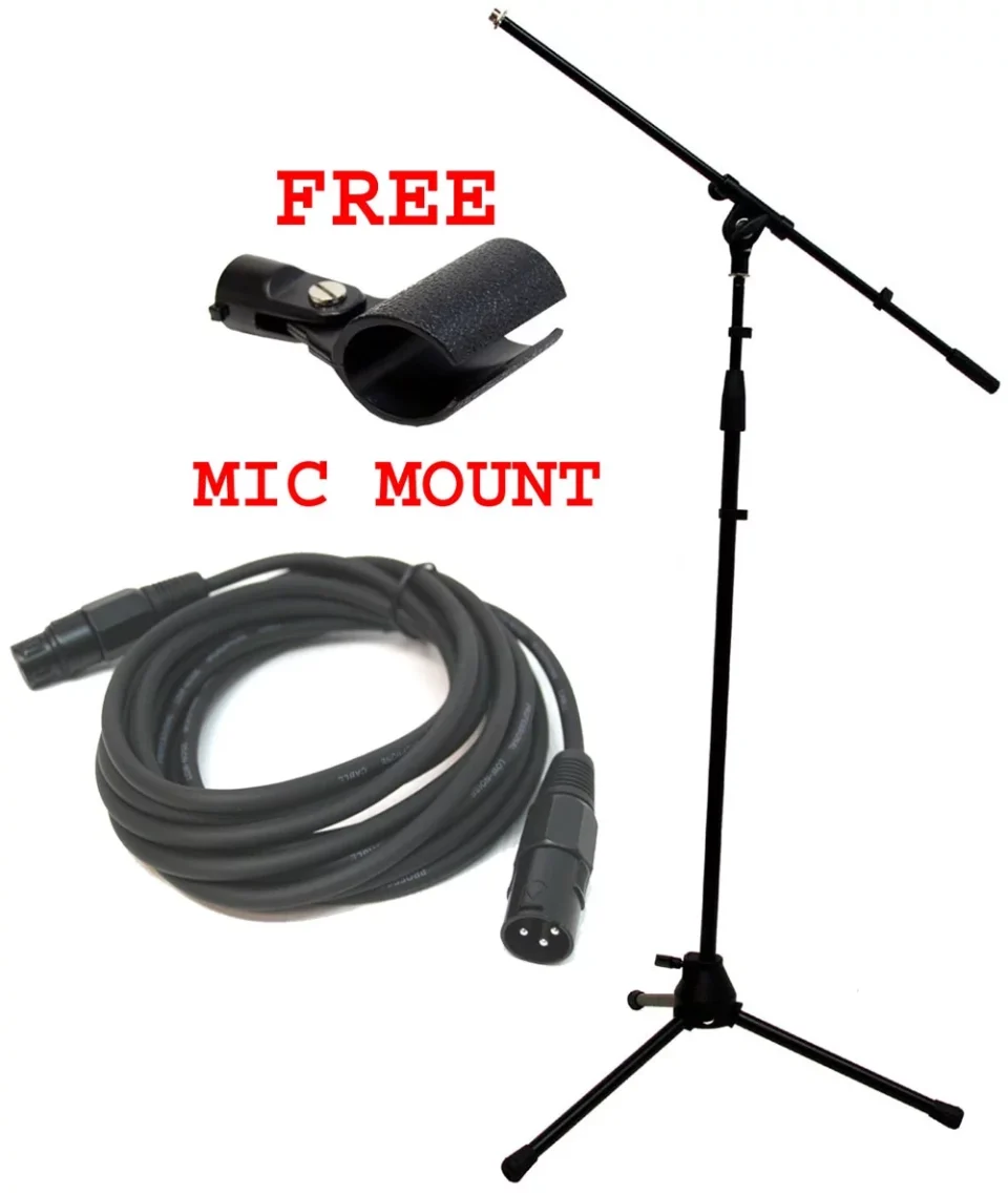 Essential Space-Saving Pro Audio Stage Boom Microphone Stand 15Ft Xlr Cable & Free Mic Mount Package