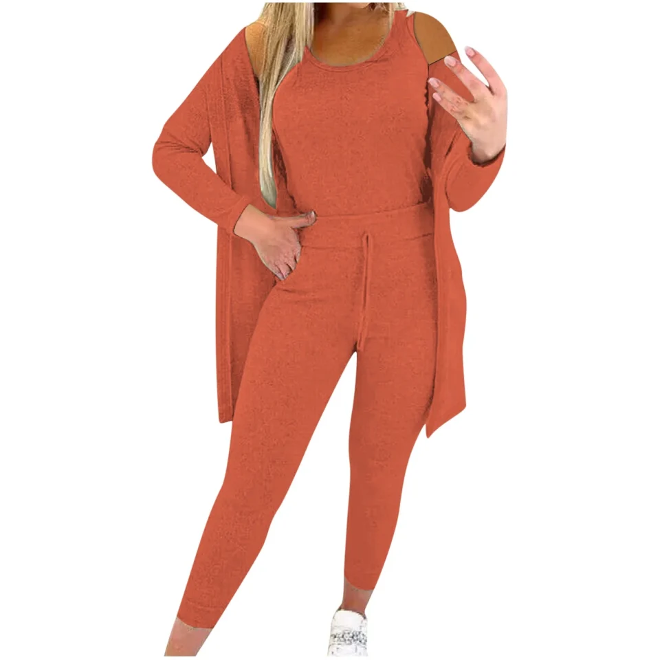 Pure Ersazi Women's 2 Piece Outfits 3Pc Woman Solid Color Tank Top Long Sleeve Coat Elastic Waist Long Pants Sets In Clearance Orange M