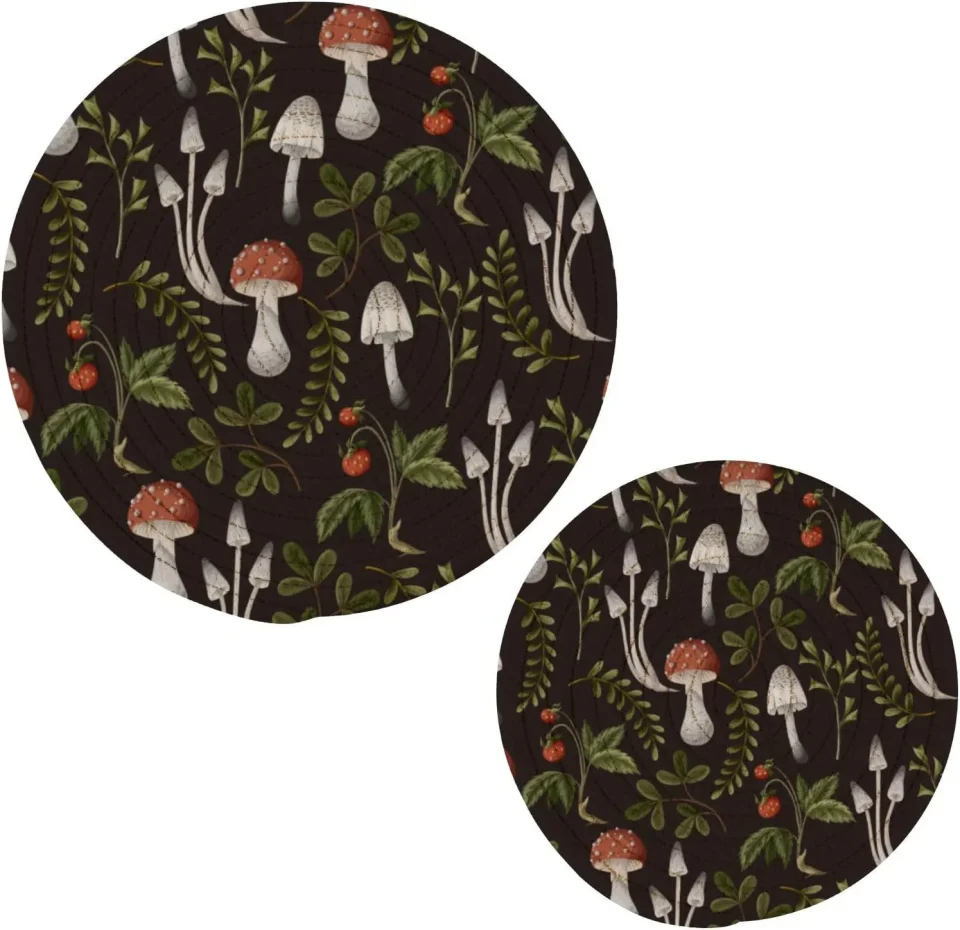 Home Office Coolnut Cute Mushroom Cotton Pot Holder Set of 22, Pure Cotton Wear-Resistant and Non-Slip Stylish Round Pot Holder for Daily Kitchen, Dining Table, Office, Cafe, Restaurant, BBQ Home Decor Gifts
