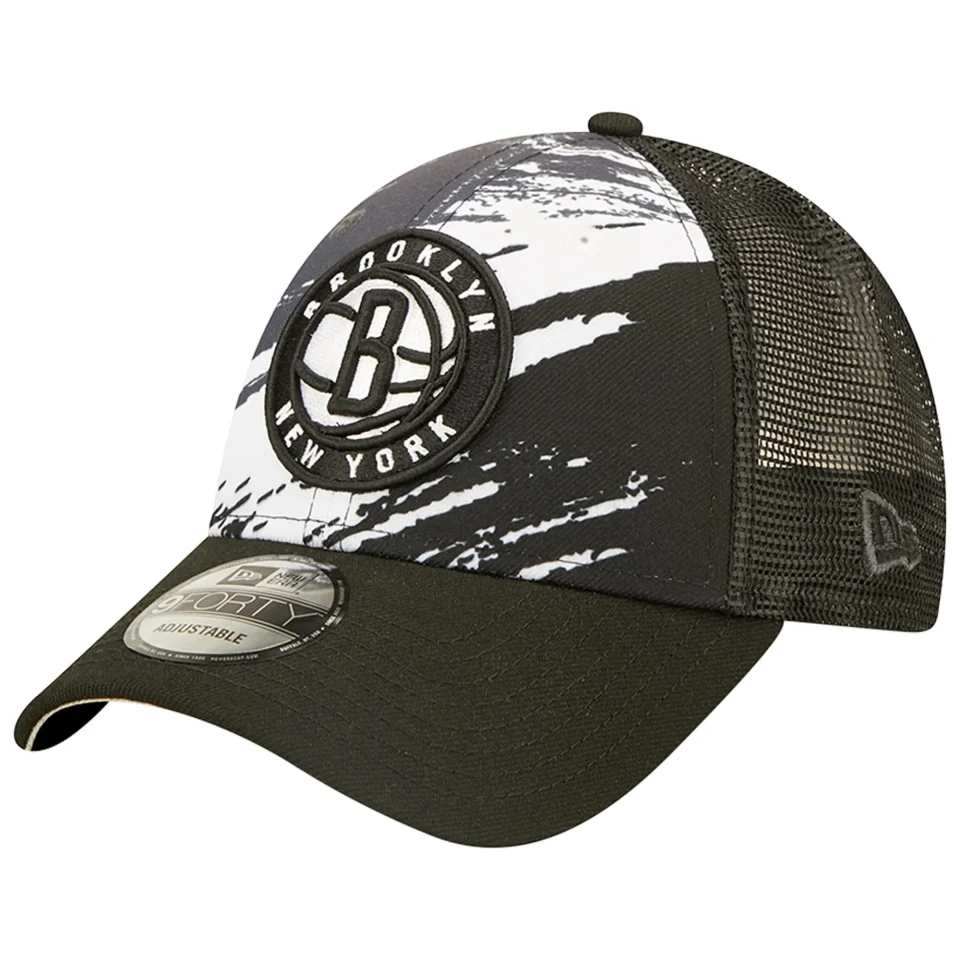 Premium BPA-Free Men's New Era Black Brooklyn Nets Marble 9FORTY Trucker Snapback Hat - OSFA