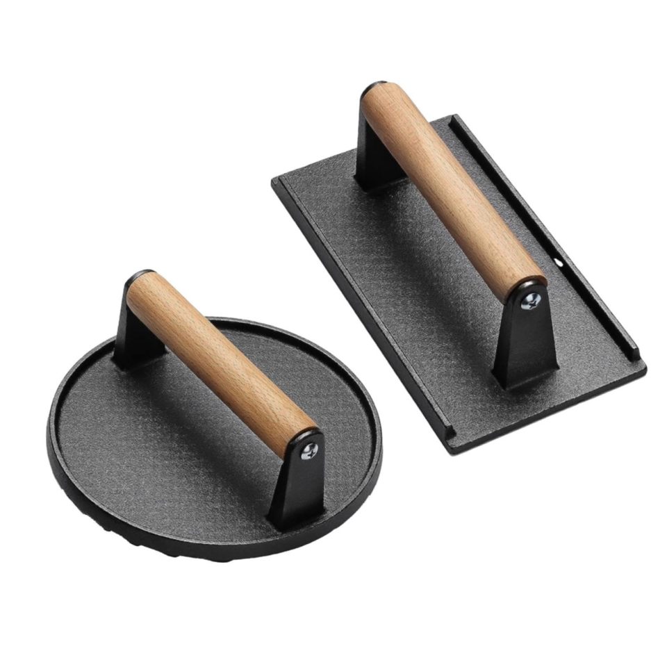 Non-Toxic 2Pcs Grill Press Patty Meat Press Tool Barbecue Press Cast Iron for Indoor Pressing Hamburger Hand Grabbing Pie BBQ Burger