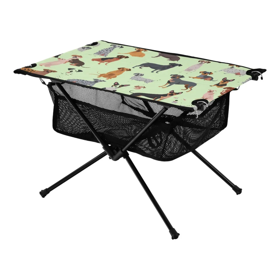 Leak-Proof Cute Cartoon Dogs on Yellow Camping Folding Table Portable Beach Table with Storage Bag Compact Picnic Table for Outdoor Travel Fishing BBQ