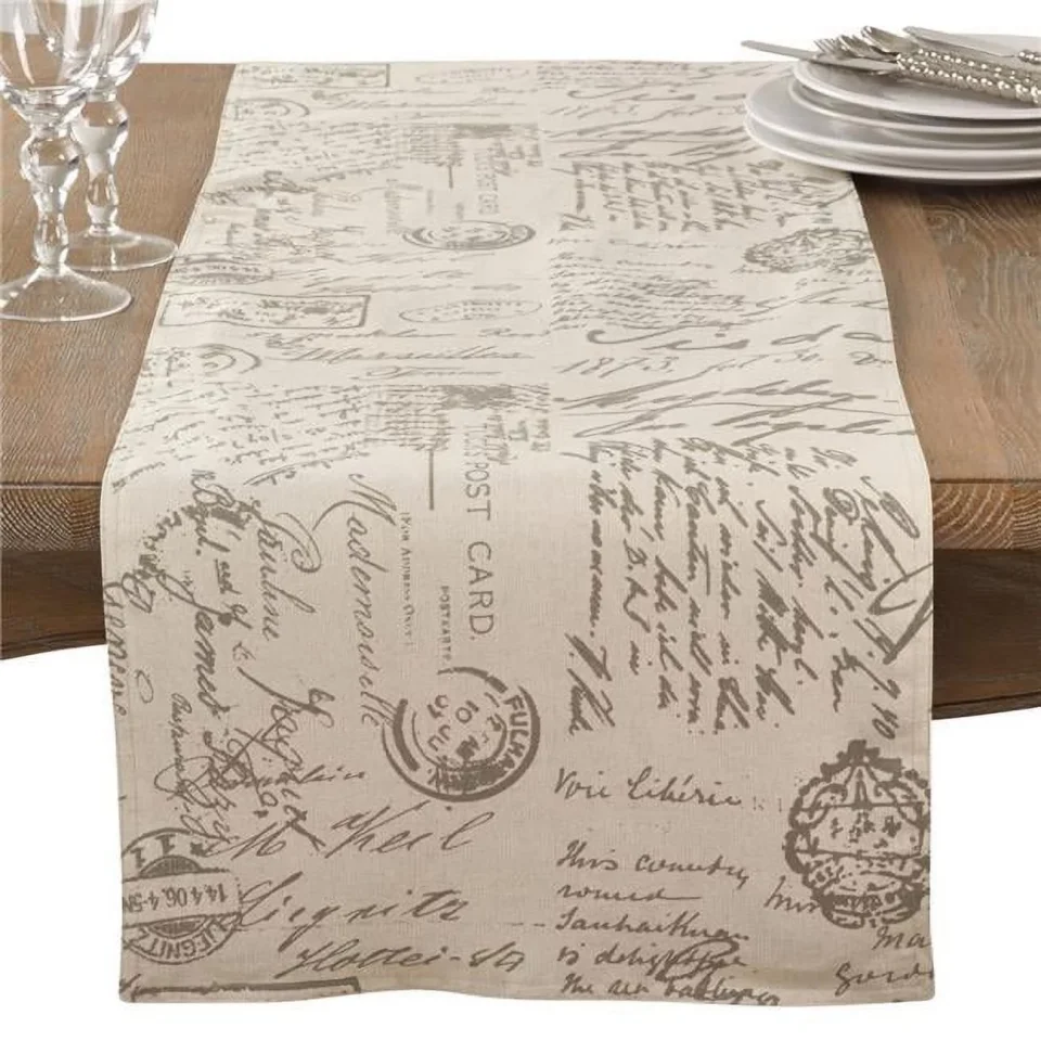 Space-Saving Popular SARO 0044.N1672B Old Fashioned Vintage Script Print Design Everyday Table Runner - Natural