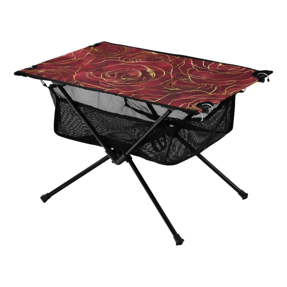 Portable Red Rose Flower Camping Folding Table Portable Beach Table with Storage Bag Compact Picnic Table for Outdoor Travel Fishing BBQ