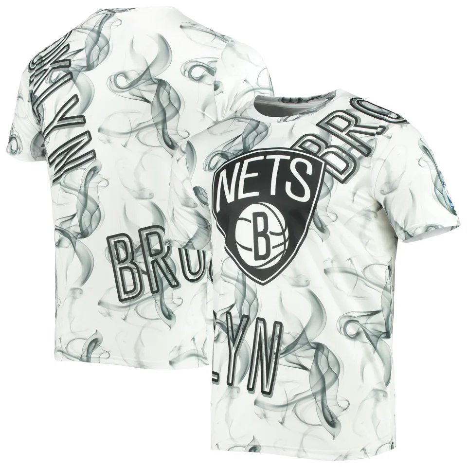 Wooden Portable Men's FISLL White/Black Brooklyn Nets Asymmetric Bold Smoke T-Shirt
