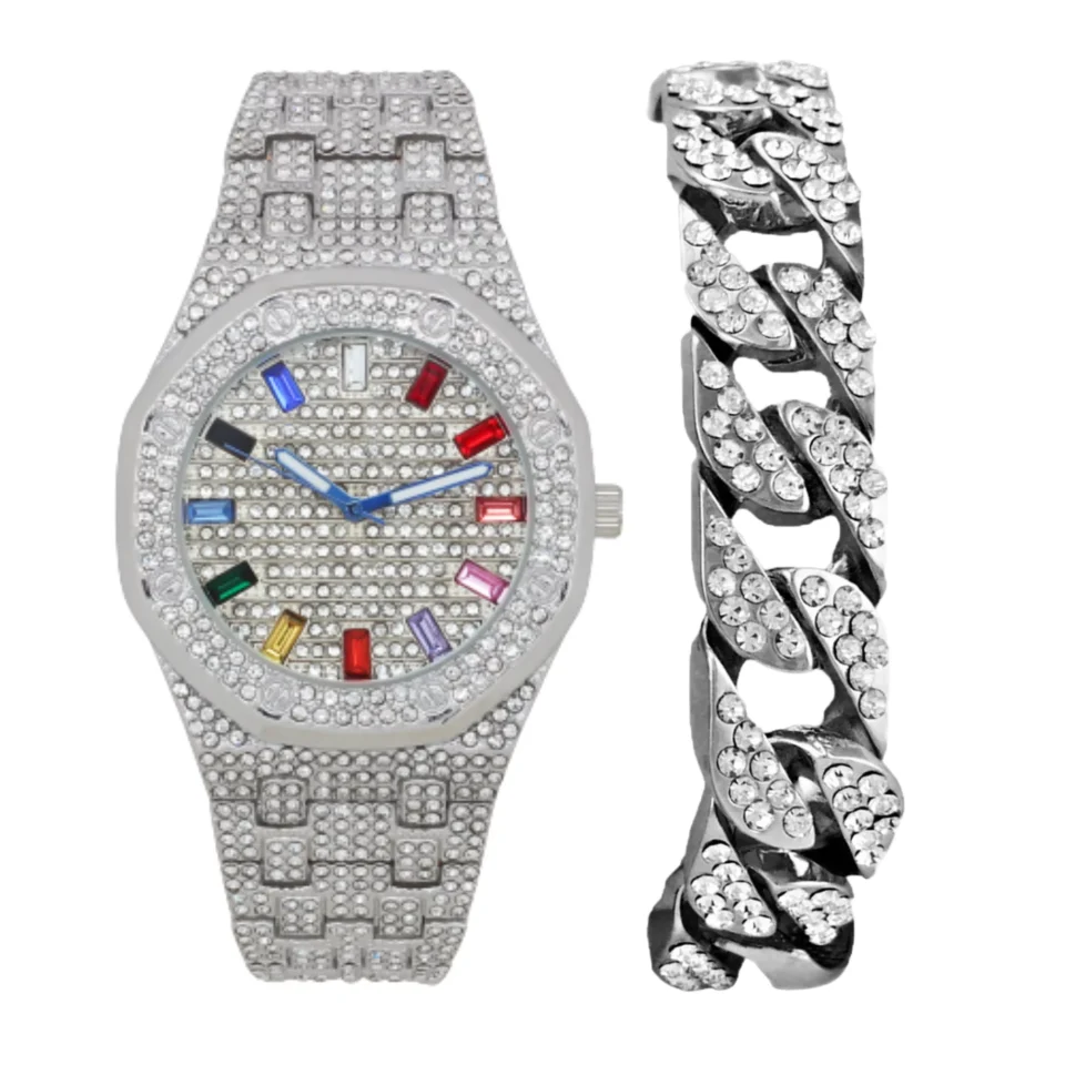 Top-Rated Charles Raymond Bling-ed Out Rapper's Luxury Hip Hop Mens Watch - Stand Out in Your Crew with This Bling Timepiece seen from Miles Away - 10227FAMST10528 TT SLV Rainbow -C