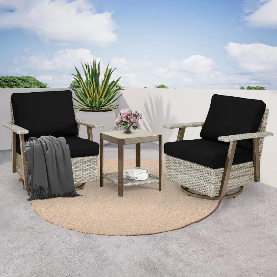 Natural 3 Pieces Patio Furniture Set, Patio Wicker 360�� Swivel Chairs Rocker with Table, Black