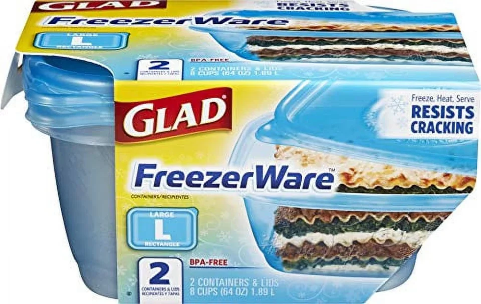 Essential Dining Gladware Freezerware Food Storage Containers, Large | Rectangle Food Storage Containers for Everyday Use | Food Containers Safe for Freezer, Hold up to 64 Ounces of Food, 2 Count Set