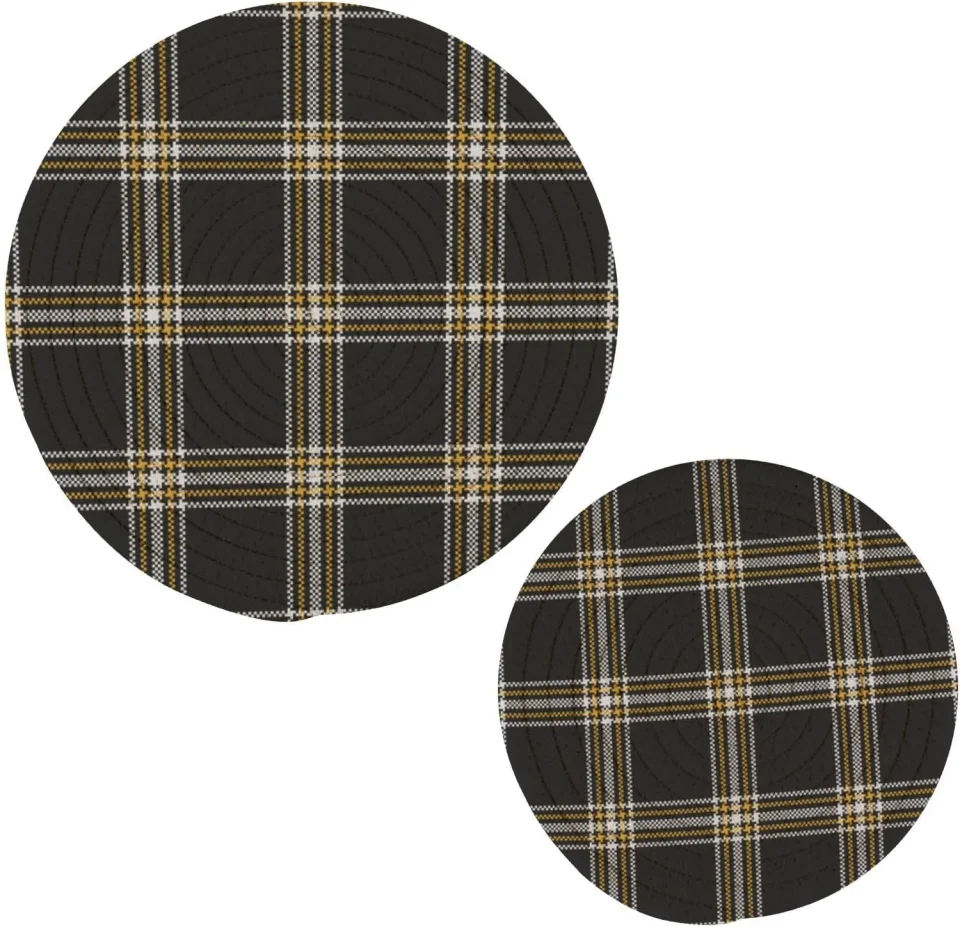 Food-Grade Eco-Friendly Bestwell Plaid Pot Holder Set of 2, Pure Cotton Heat Resistant Wear-Resistant and Non-Slip Stylish Round Pot Holder for Daily Kitchen,Dining Table,Office,Cafe, Restaurant,BBQ