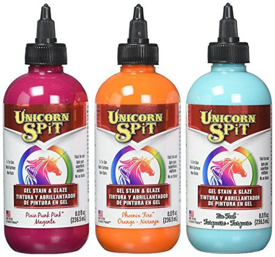 BPA-Free Home Unicorn SPiT Gel Stain & Glaze Paint in One - CaLyPso Set: --Phoenix Fire, Pixie Punk Pink, Zia Teal - 8 oz size--
