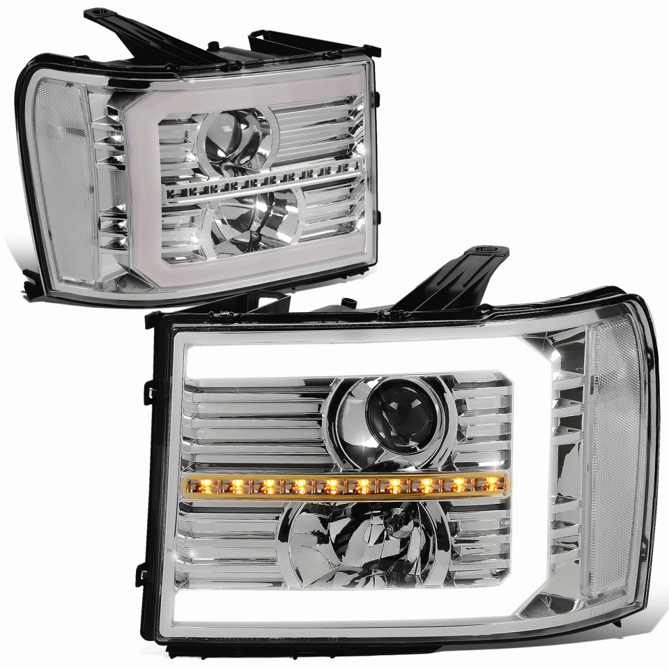 Silicone Thickened 07-14 GMC Sierra LED DRL+Sequential Signal Projector Headlight Lamps Chrome