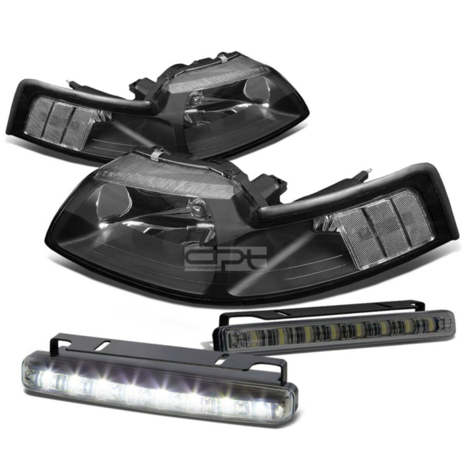 Prime BLACK HOUSING HEAD+CLEAR CORNER+SMOKED LED FOG LIGHT KIT 99-04 D MUSTANG