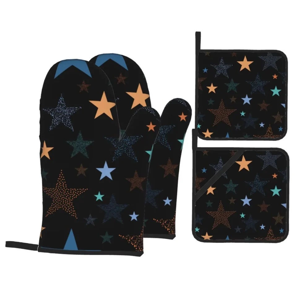 Silicone Popular ZNDUO Oven Mitts and Pot Holders Sets, Colorful Vintage Star Abstract Pattern Non-Slip Cooking Oven Mitts