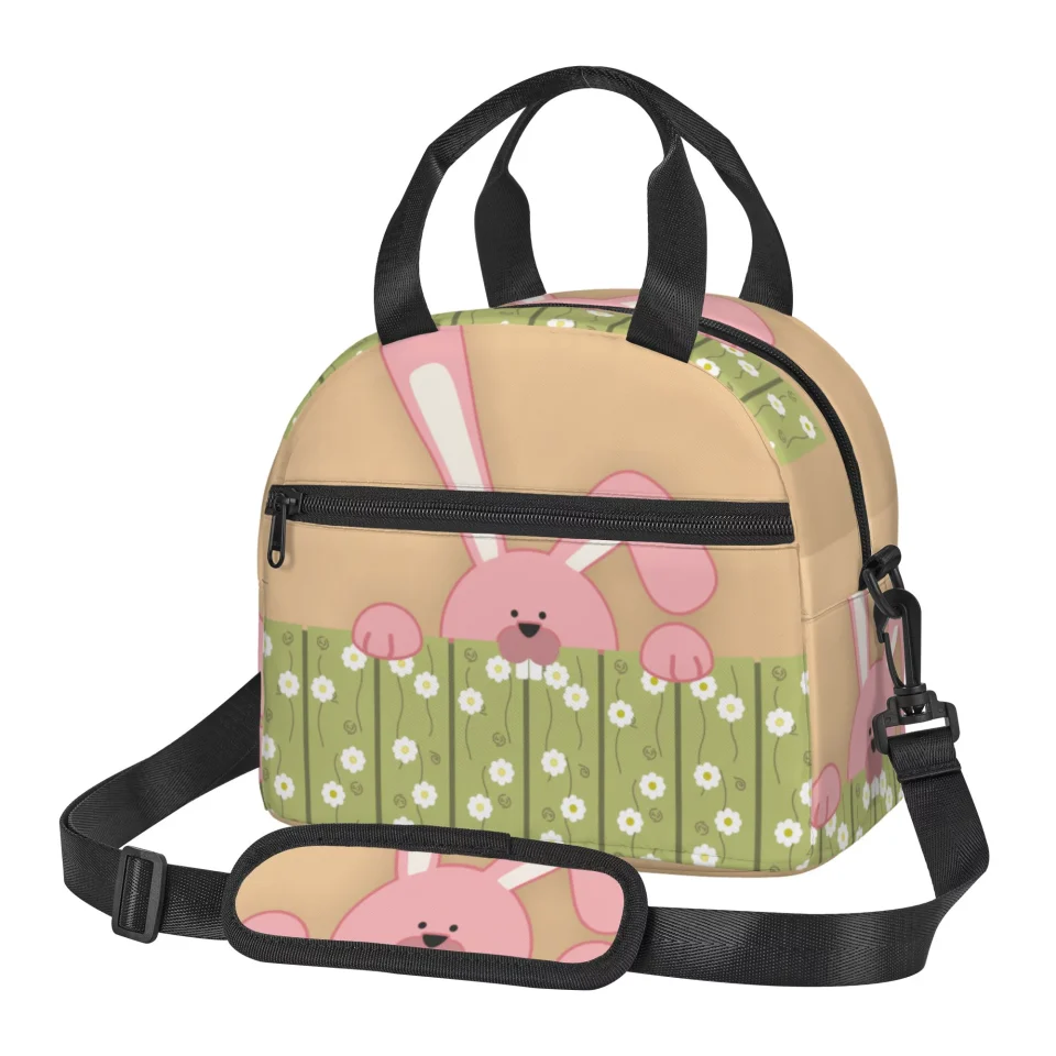 Clear DouZhe Lunch Bags for Women and Men, Cute Animal Pink Rabbit Prints Reusable Portable Insulated Cooler Waterproof Lunch Tote Bag for Travel Work School Picnic