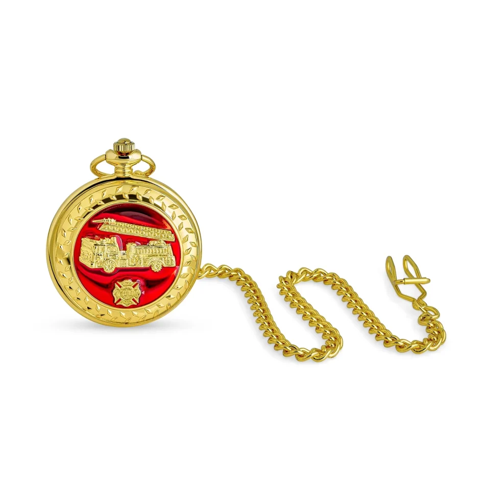 Clear Bling Jewelry Fireman Firefighter Fire Truck Pocket Watch Two Tone Red Gold Plated