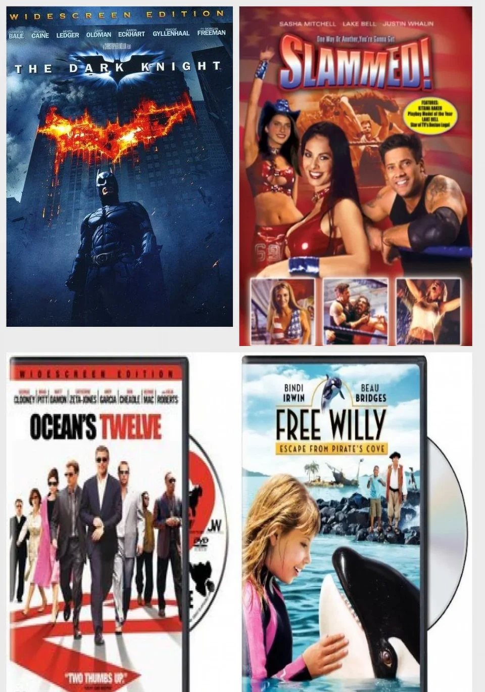 Value Assorted 4 Pack DVD Bundle: The Dark Knight, Slammed!, OCEANS TWELVE MOVIE, Free Willy: Escape from Pirate's Cove