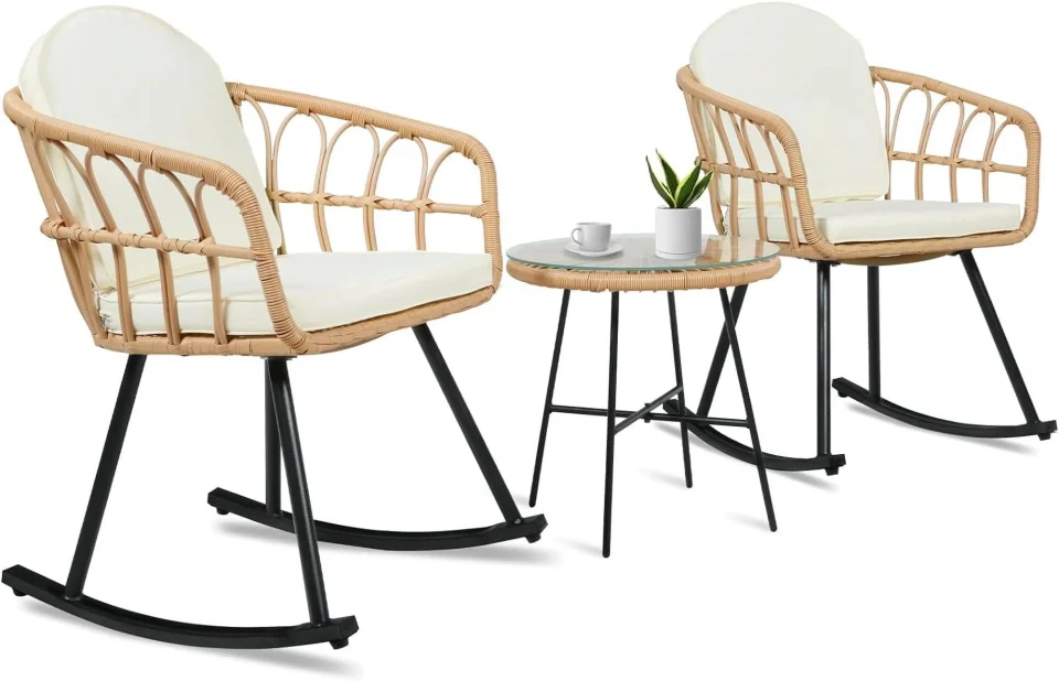 Office Cleaning SPBOOMlife Outdoor Rocking Chair Set 3-Piece Patio Conversation Sets with 2 Wicker Rocker Chairs and 1 Coffee Table with Soft Cushions for Balcony Lawn and Porch Poolside