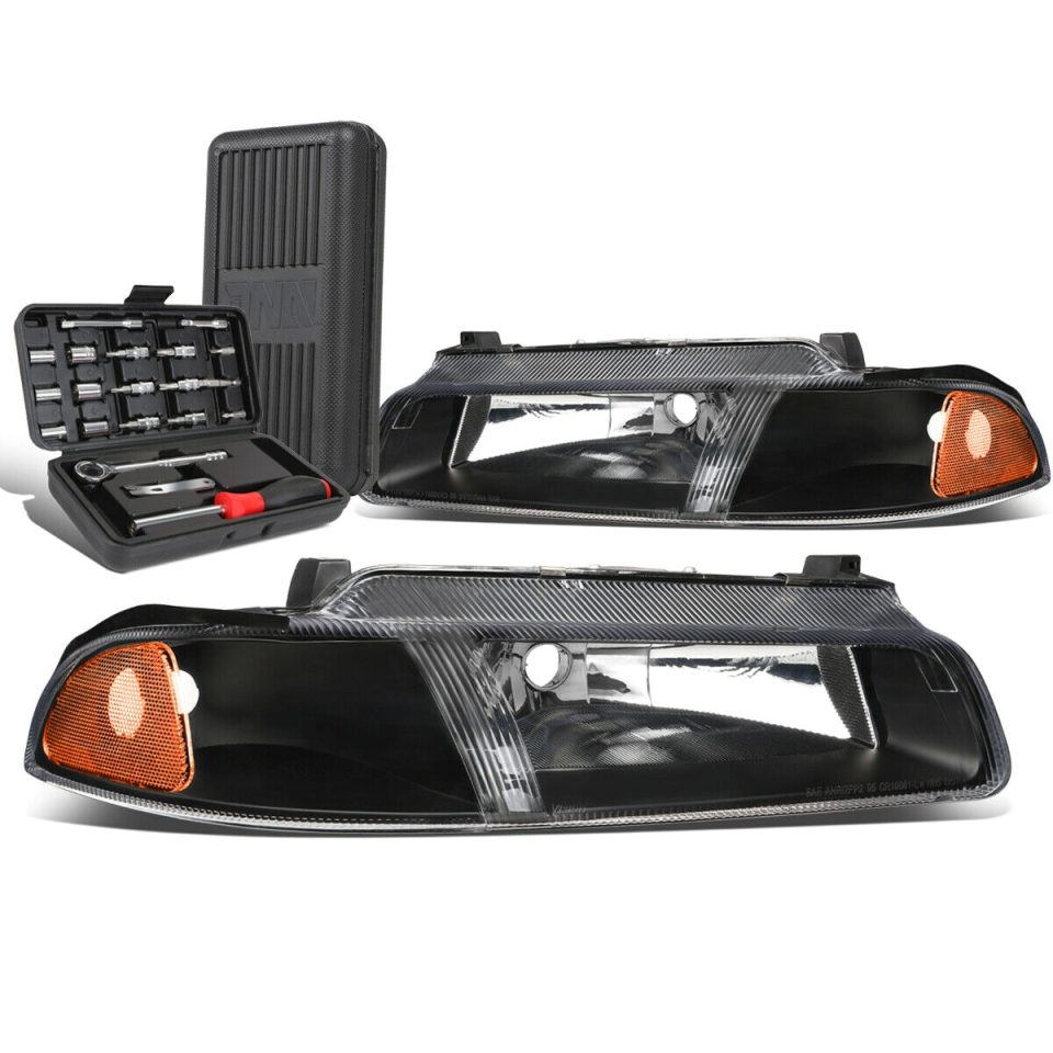 Long-Lasting 1995-2000 Cirrus Dodge Stratus Black/Amber Side Headlight Lamps+Tool Box