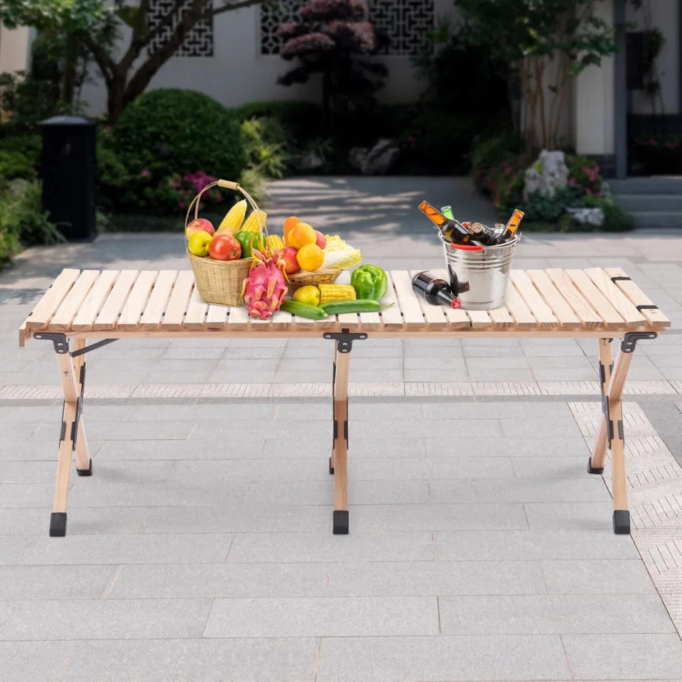 Healthy Stainless Steel Slated Top Wooden Folding Picnic Coffee Table 43cm High Portable Weatherproof