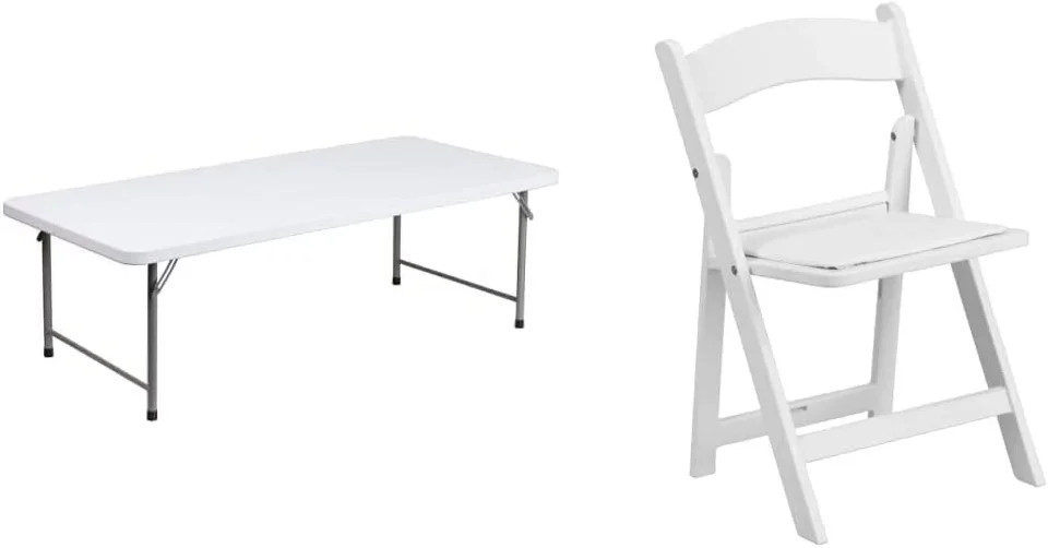 Safe Outdoor 4.93-Foot Kid's Granite White Plastic Folding Table & Kids White Resin Folding Chair with White Vinyl Padded Seat