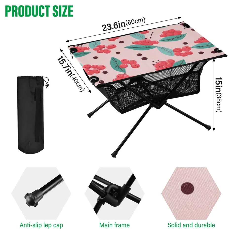 Durable Cherry and Leaf Camping Folding Table Portable Beach Table with Storage Bag Compact Picnic Table for Outdoor Travel Fishing BBQ
