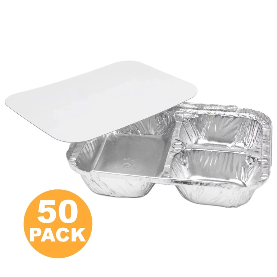 Select Versatile 3 Compartment 8.5 x 6.5 x 1.5 Rectangular Disposable Aluminum Foil Pan Take Out Food Containers with Flat Board Lids, Hot Cold Freezer Oven Safe [50 Pack]