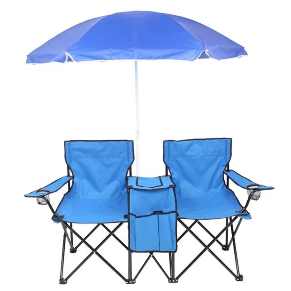 Travel Upgraded Portable Folding Picnic Double Chair With Removable Umbrella Table Cooler Beach Camping Chair Blue