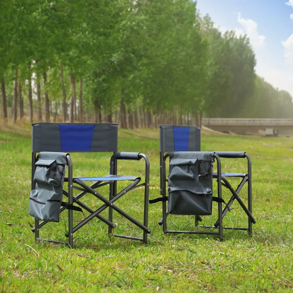 Supreme Durable 2-piece Padded Folding Outdoor Chair with Storage Pockets,Lightweight Oversized Directors Chair for indoor, Outdoor Camping, Picnics and Fishing,Blue/Grey