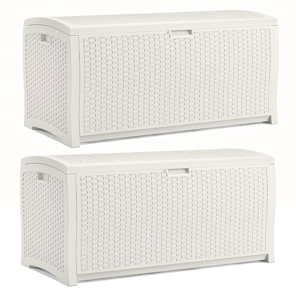 Food-Grade Suncast 99 Gallon Deck Garden Garage Home Wicker Resin Pool Box, White (2 Pack)