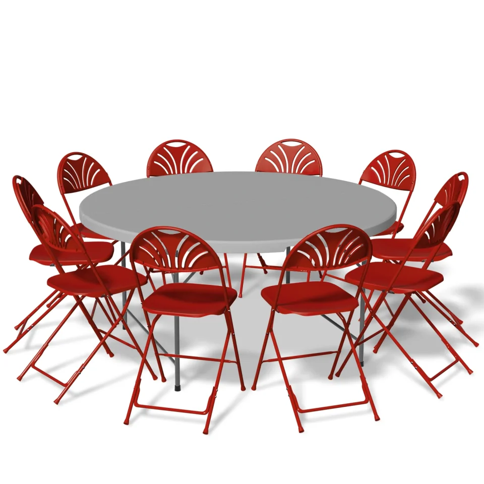 Lightweight MoNiBloom 11-Piece Round Folding Dining Table with 10 Red Chairs Set, 4.5 Ft Gray Foldable Table w/Handle, Picnic Desk