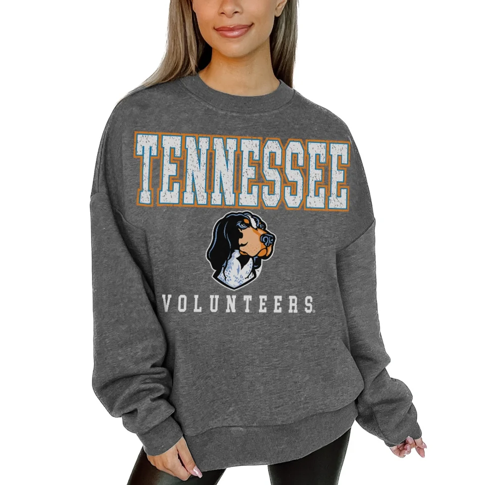 Healthy Ceramic Women's Gameday Couture Heather Charcoal Tennessee Volunteers Distressed Fleece Pullover Sweatshirt