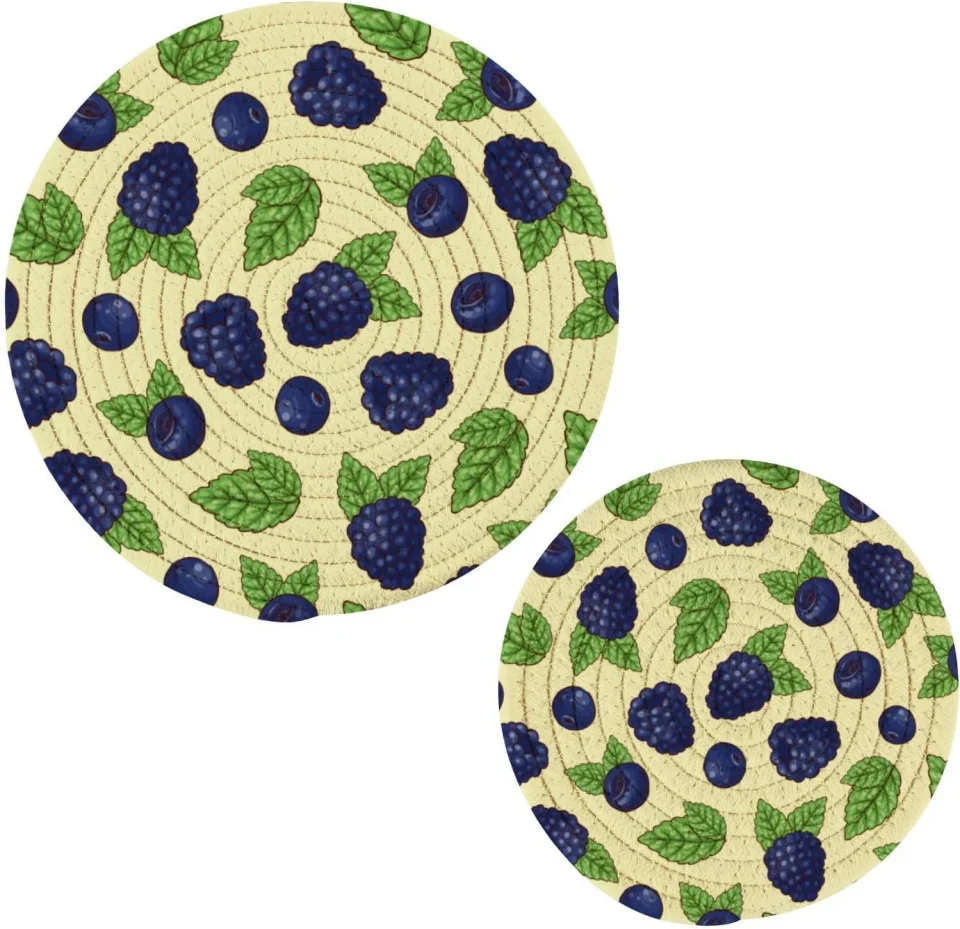 Pure Cast Iron Hotbar Blueberry Cotton Pot Holder Set of 2, Pure Cotton Heat Resistant Wear-Resistant and Non-Slip Stylish Round Pot Holder for Daily Kitchen,Dining Table,Office,Cafe, Restaurant,BBQ