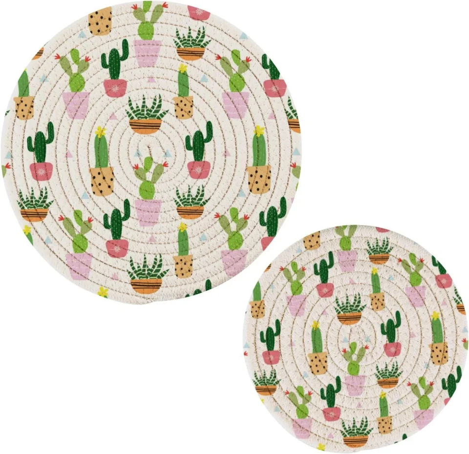Healthy Cooking Bestwell Cute Cactus Pot Holder Set of 2, Pure Cotton Heat Resistant Wear-Resistant and Non-Slip Stylish Round Pot Holder for Daily Kitchen,Dining Table,Office,Cafe, Restaurant,BBQ