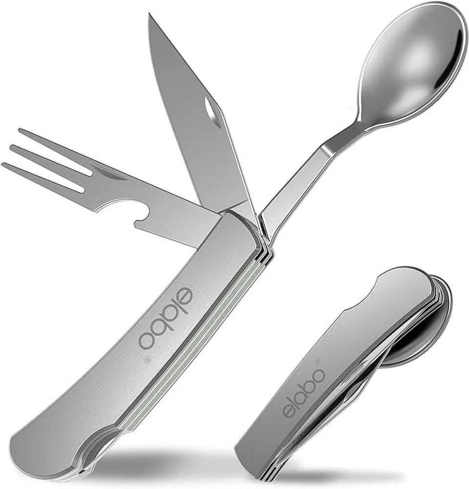 Best-Selling elabo 3-in-1 Camping Utensils - Portable Stainless-Steel Spoon, Fork and Knife - Travel Cutlery Set