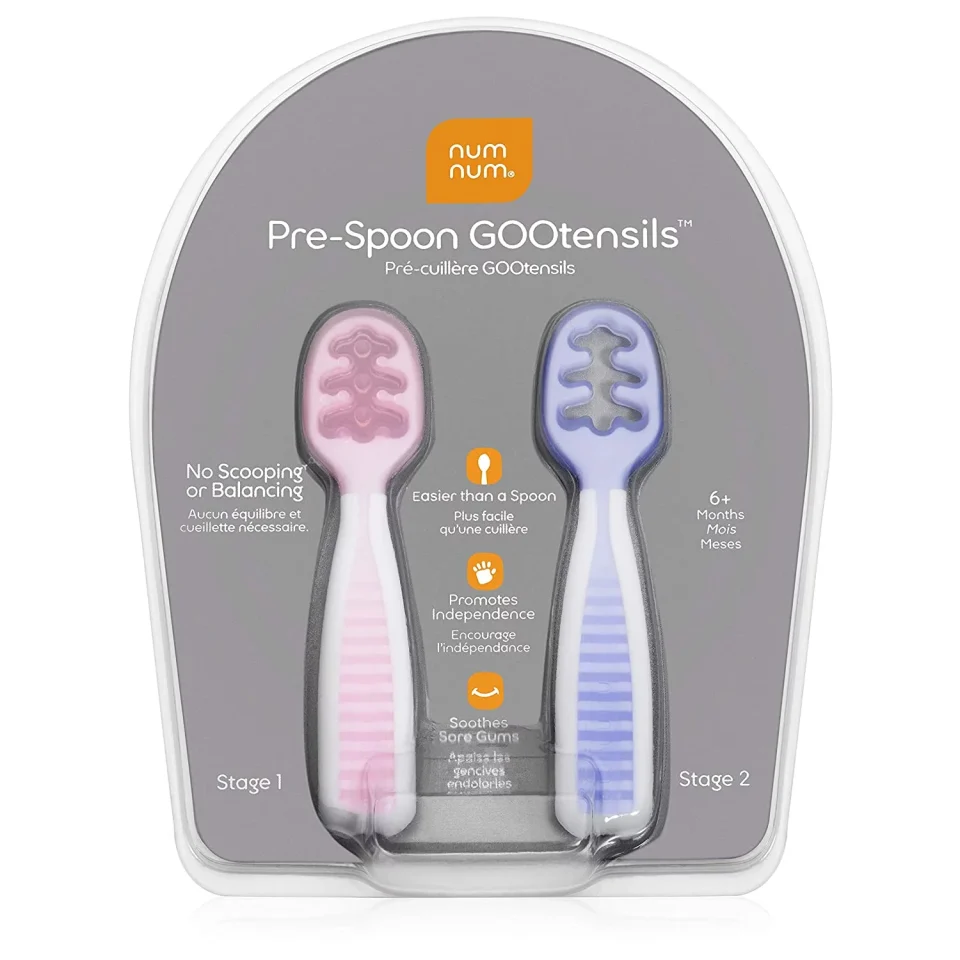 Select Natural NumNum Pre-Spoon GOOtensils | Baby Spoon Set (Stage 1 + Stage 2) | BPA Free Silicone Self Feeding Toddler Utensils | for Kids Ages 6 Months+, 1-Pack, Two Spoons, Frosty Lilac/Rosebud